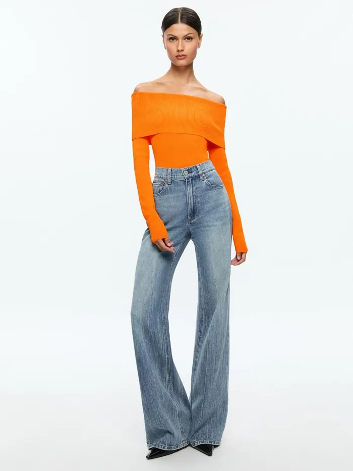 Tops Women Alice Olivia DOLAN FOLDOVER LONG SLEEVE PULLOVER Bright Ruby