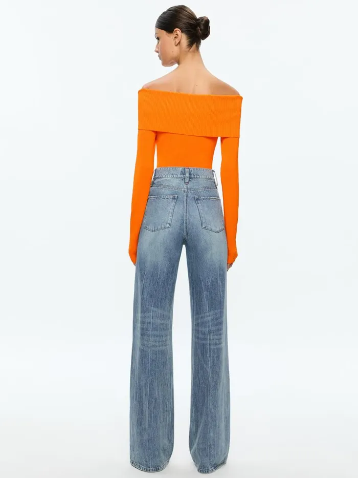 Tops Women Alice Olivia DOLAN FOLDOVER LONG SLEEVE PULLOVER Bright Ruby