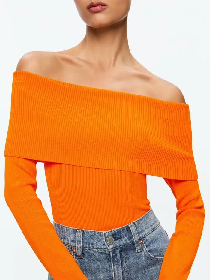 Tops Women Alice Olivia DOLAN FOLDOVER LONG SLEEVE PULLOVER Bright Ruby