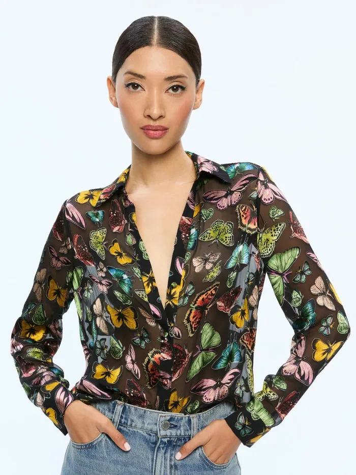 Tops Women Alice Olivia ELOISE BUTTON DOWN BLOUSE Boundless Butterfly Black
