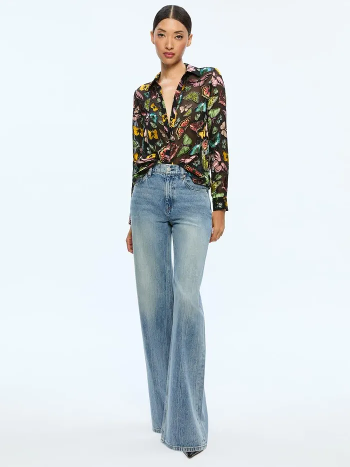 Tops Women Alice Olivia ELOISE BUTTON DOWN BLOUSE Boundless Butterfly Black