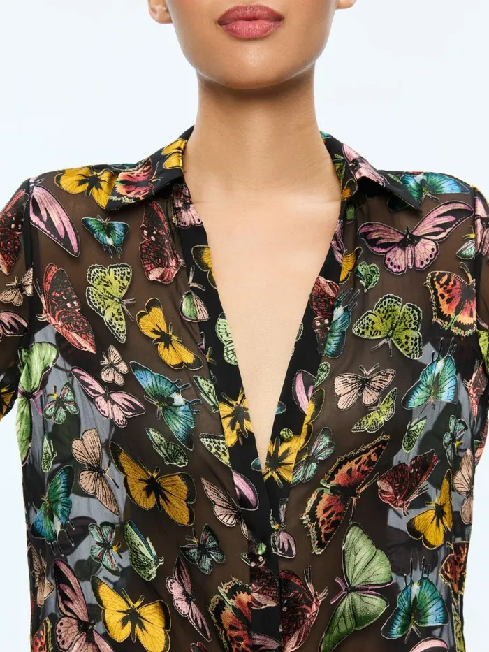 Tops Women Alice Olivia ELOISE BUTTON DOWN BLOUSE Boundless Butterfly Black