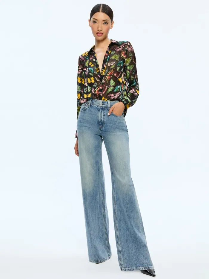 Tops Women Alice Olivia ELOISE BUTTON DOWN BLOUSE Boundless Butterfly Black