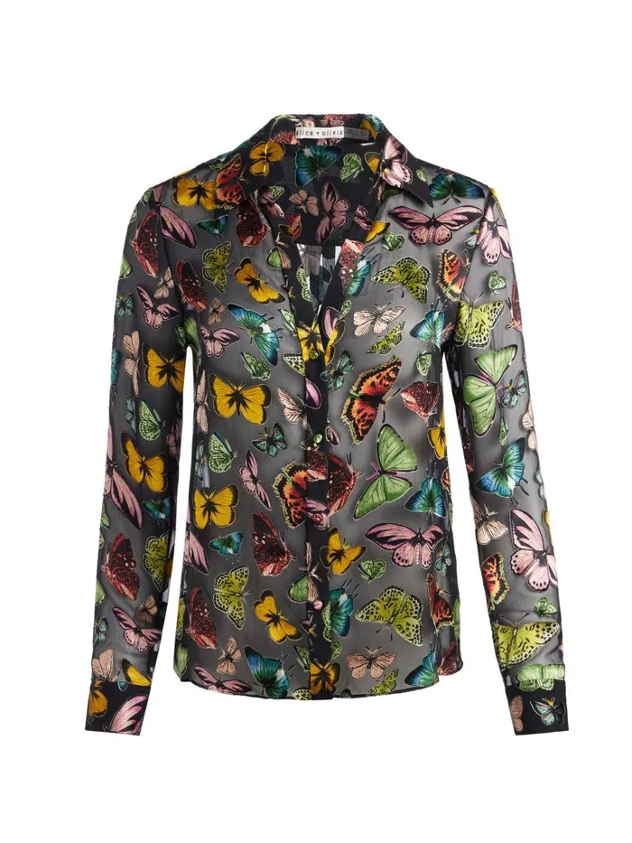 Tops Women Alice Olivia ELOISE BUTTON DOWN BLOUSE Boundless Butterfly Black
