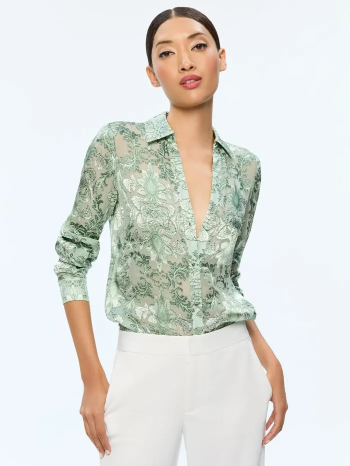 Tops Women Alice Olivia ELOISE BUTTON DOWN BLOUSE Vanity Pistachio