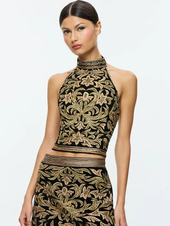 Tops Women Alice Olivia GATZ EMBELLISHED MOCK NECK OPEN BACK CROP TOP Blackgold Tops Women Alice Olivia GATZ EMBELLISHED MOCK NECK OPEN BACK CROP TOP Blackgold