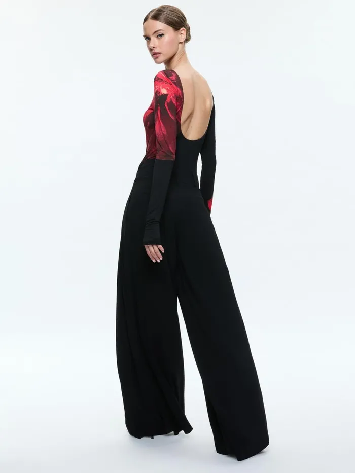 Tops Women Alice Olivia MASAKO LONG SLEEVE OPEN BACK BODYSUIT WITH THUMBHOLES Peony Petals Bright Ruby