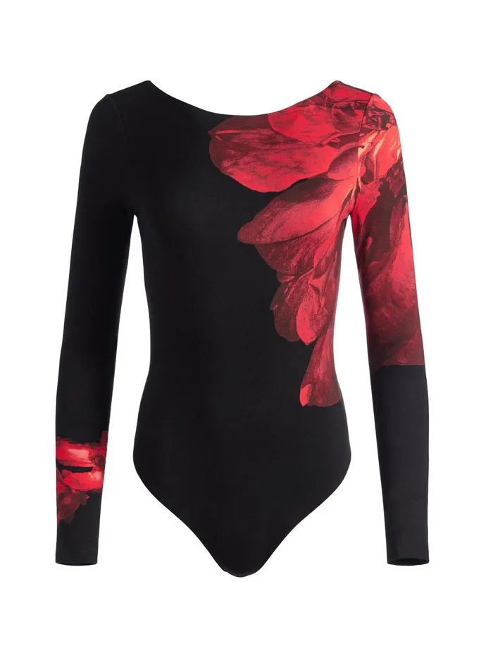 Tops Women Alice Olivia MASAKO LONG SLEEVE OPEN BACK BODYSUIT WITH THUMBHOLES Peony Petals Bright Ruby