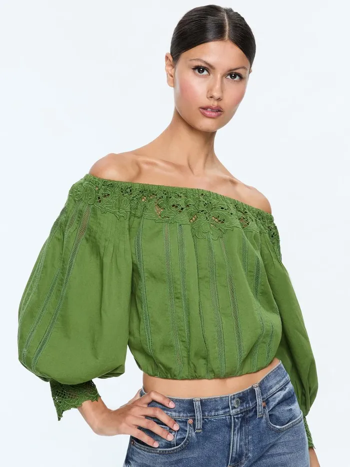 Tops Women Alice Olivia NAN EMBROIDERED OFF THE SHOULDER BLOUSE Avocado