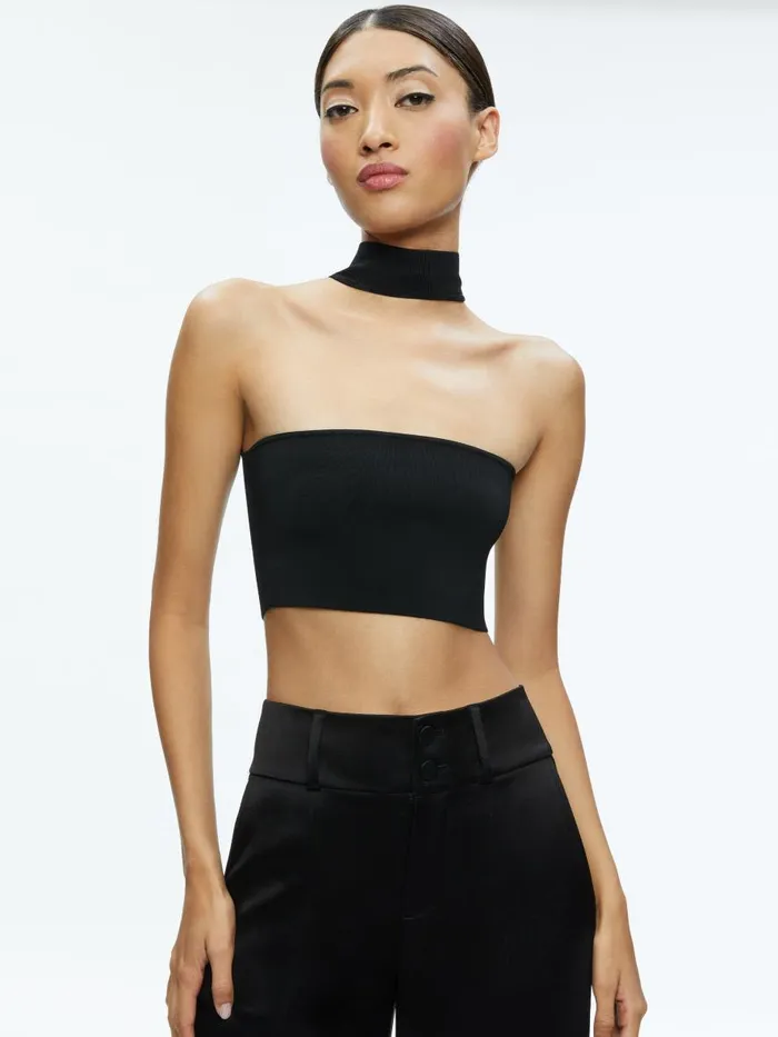 Tops Women Alice Olivia RAYA MOCK NECK RACERBACK CROPPED PULLOVER Black