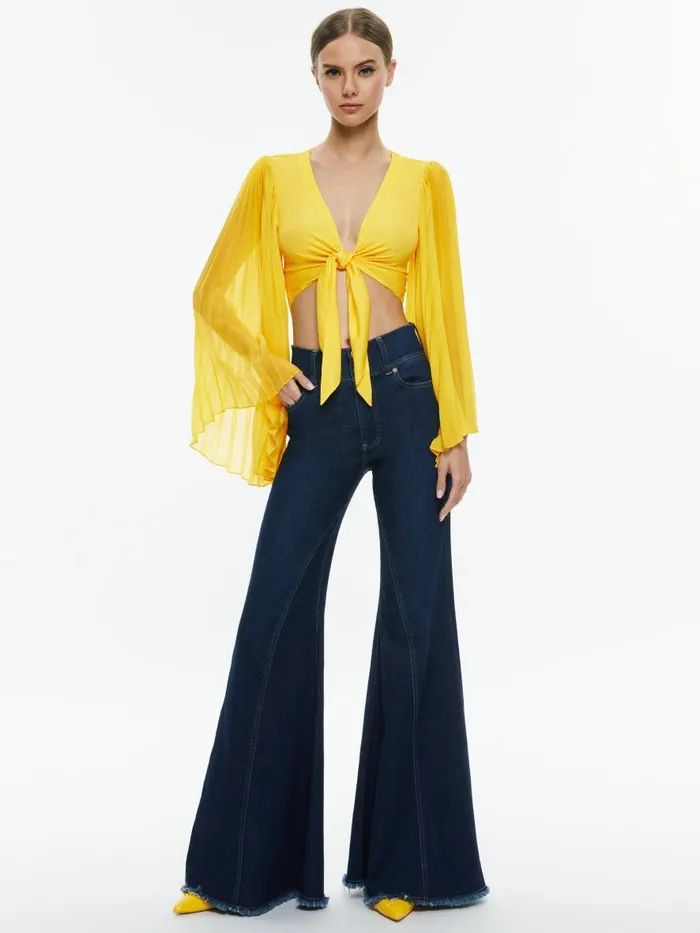 Tops Women Alice Olivia ROCHELLE TIE FRONT PLEATED CROP TOP Happy Yellow