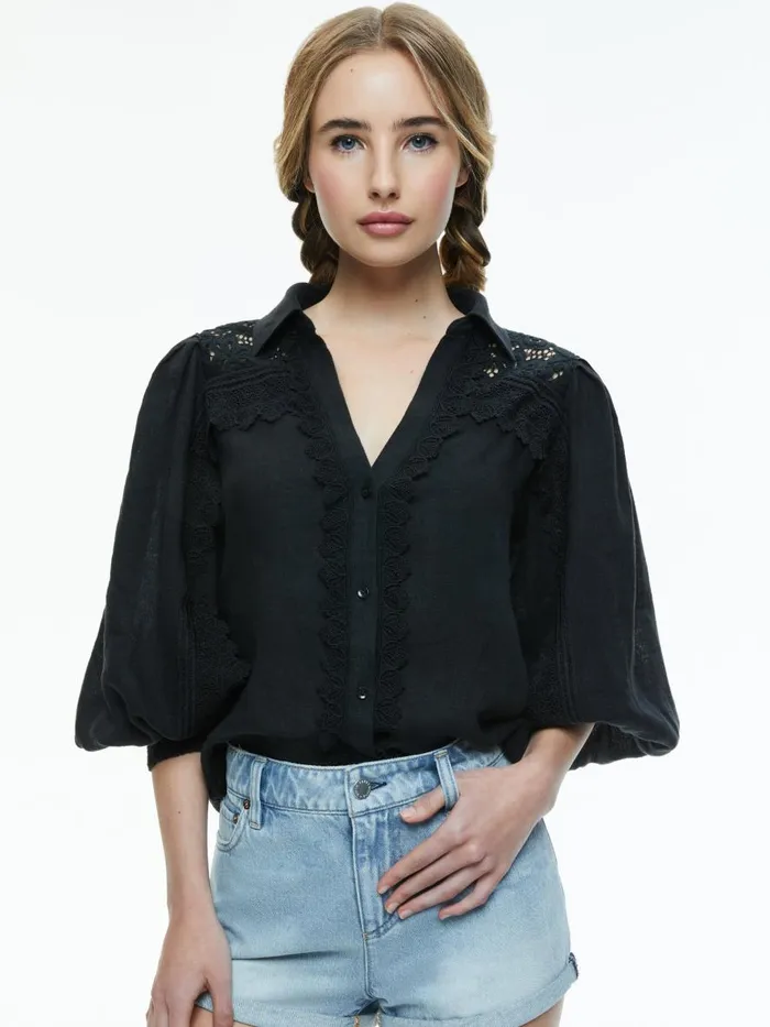 Tops Women Alice Olivia VENTY BUTTON FRONT BLOUSE Black