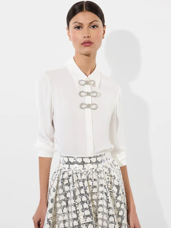 Tops Women Alice Olivia WILLA PLACKET TOP WITH EMBELLISHED BOW DETAIL Black