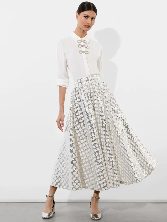 Tops Women Alice Olivia WILLA PLACKET TOP WITH EMBELLISHED BOW DETAIL Black