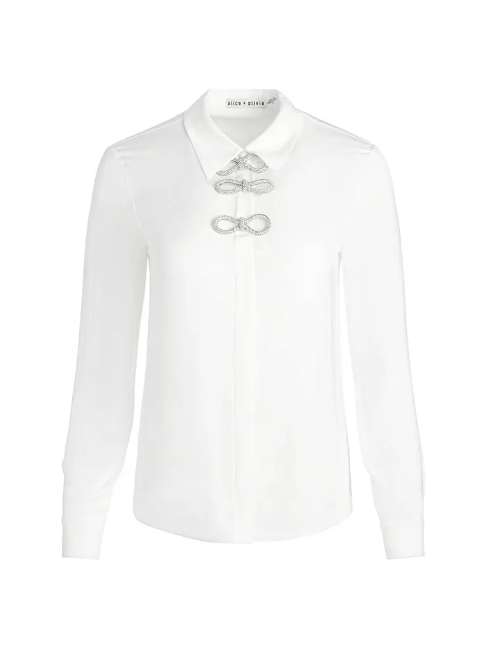 Tops Women Alice Olivia WILLA PLACKET TOP WITH EMBELLISHED BOW DETAIL Black