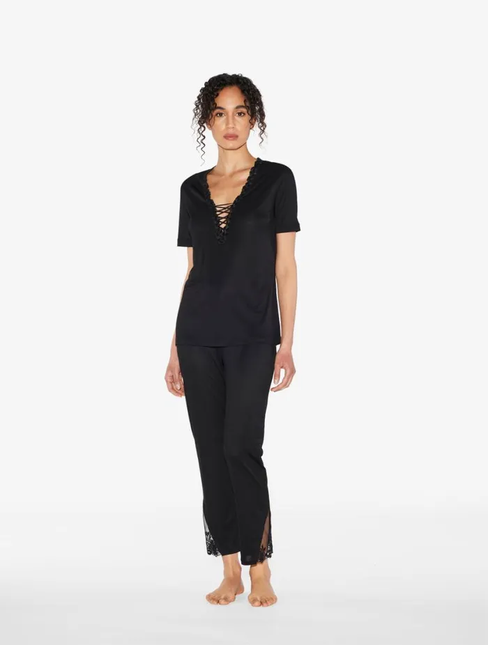 Trousers In Black Modal With Embroidered Tulle Sleepwear La Perla Pajamas