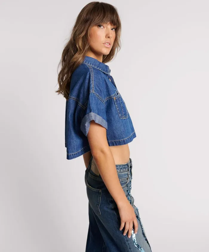 TRUE BLUE CROPPED WESTERN SHIRT Women One Teaspoon Denim Tops TRUE BLUE CROPPED WESTERN SHIRT Women One Teaspoon Denim Tops