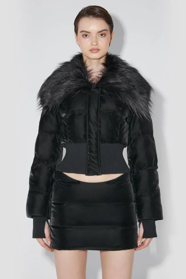 Velvet Latex Cropped Puffer Jacket With Fur Black Women MISBHV Outerwear
