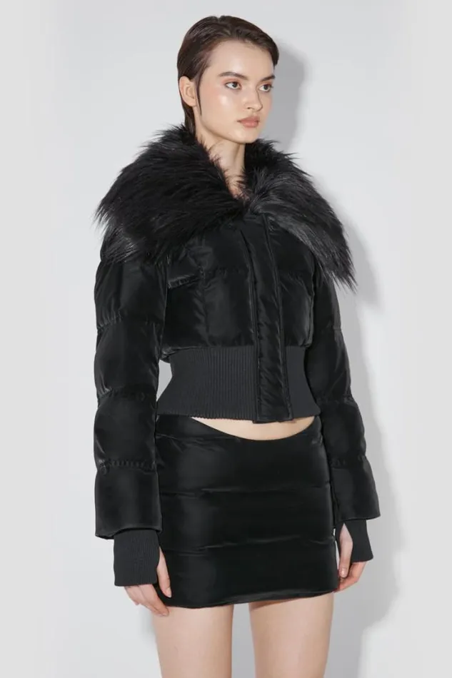Velvet Latex Cropped Puffer Jacket With Fur Black Women MISBHV Outerwear