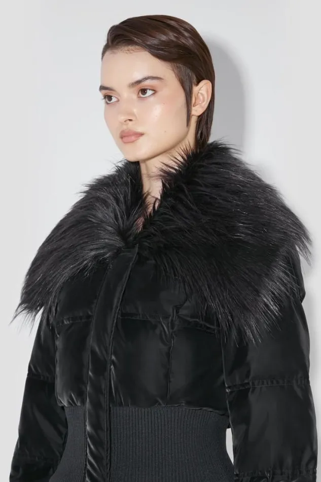 Velvet Latex Cropped Puffer Jacket With Fur Black Women MISBHV Outerwear
