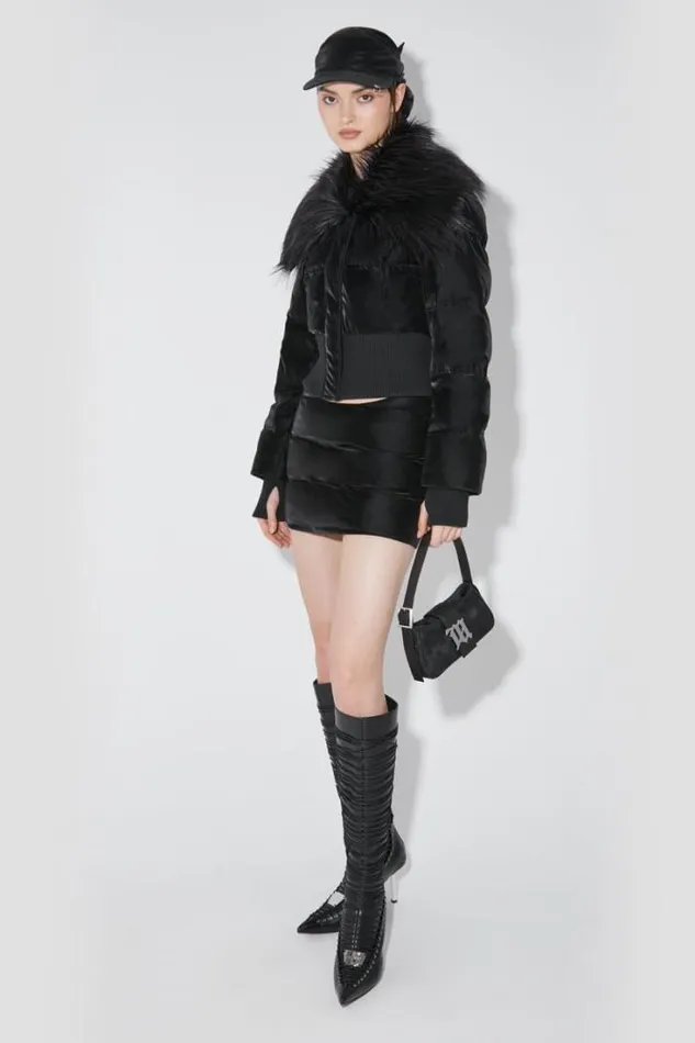 Velvet Latex Cropped Puffer Jacket With Fur Black Women MISBHV Outerwear
