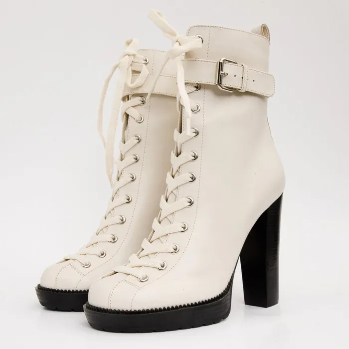 Vinci Leather Boots and Booties The Estrada Cream Leather LaceUp Platform Heel Mid Calf Boot 8211 Women