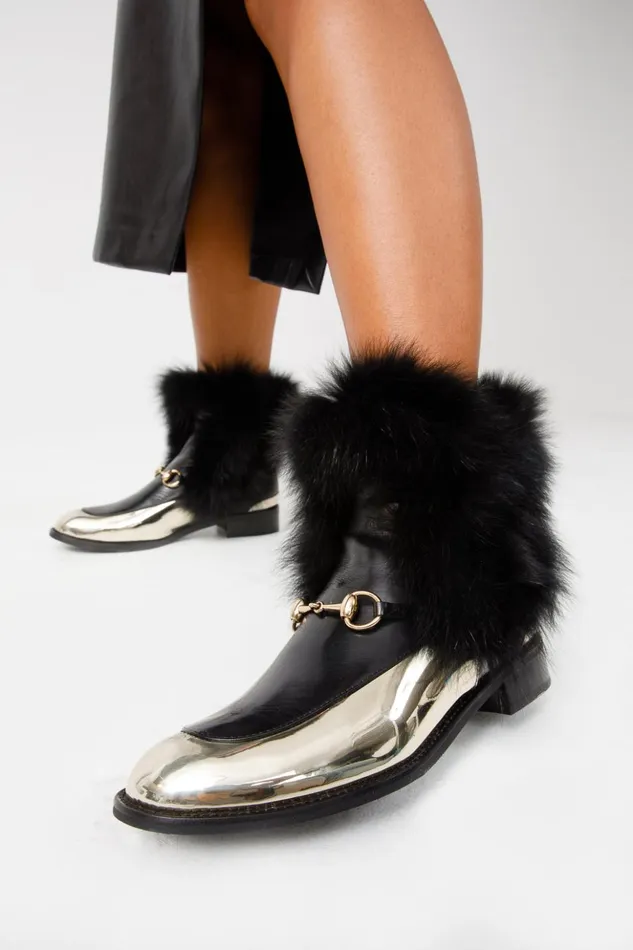 Vinci Leather Boots and Booties The Izmir Black and Gold Leather Natural Fox Fur Mid Calf Boot 8211 Women