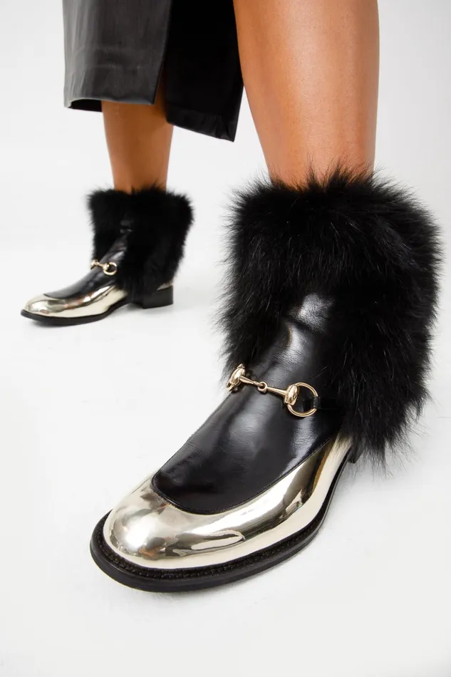 Vinci Leather Boots and Booties The Izmir Black and Gold Leather Natural Fox Fur Mid Calf Boot 8211 Women