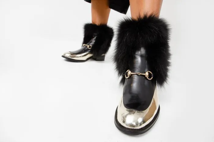 Vinci Leather Boots and Booties The Izmir Black and Gold Leather Natural Fox Fur Mid Calf Boot 8211 Women