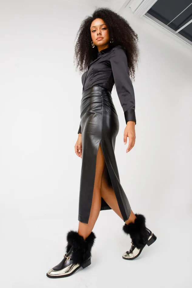 Vinci Leather Boots and Booties The Izmir Black and Gold Leather Natural Fox Fur Mid Calf Boot 8211 Women