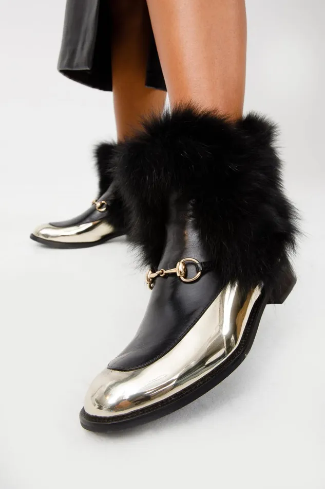 Vinci Leather Boots and Booties The Izmir Black and Gold Leather Natural Fox Fur Mid Calf Boot 8211 Women