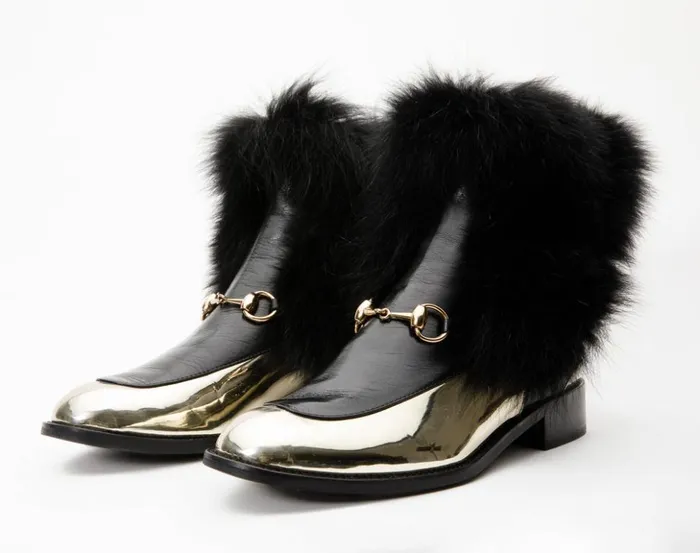 Vinci Leather Boots and Booties The Izmir Black and Gold Leather Natural Fox Fur Mid Calf Boot 8211 Women