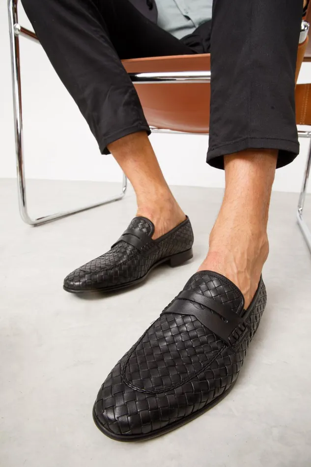 Vinci Leather Dress Shoes The Grand Woven Leather Black Shoe Penny Loafer 8211 Men