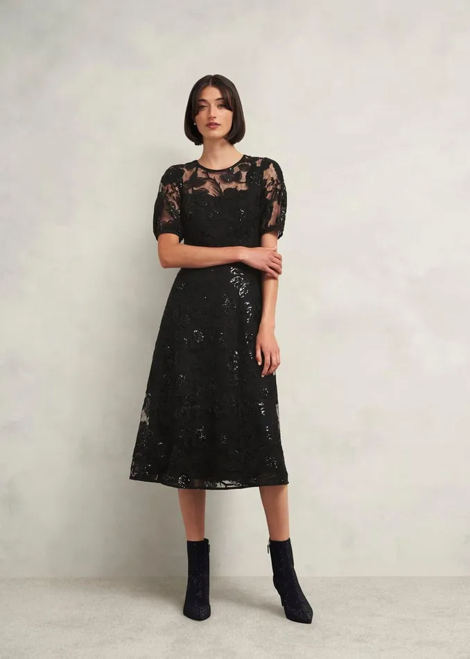 Women Ami Lace Sequin Midi Dress Hobbs Black Hobbs Dresses and Jumpsuits