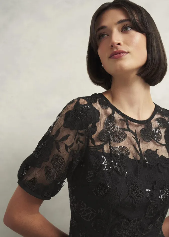 Women Ami Lace Sequin Midi Dress Hobbs Black Hobbs Dresses and Jumpsuits