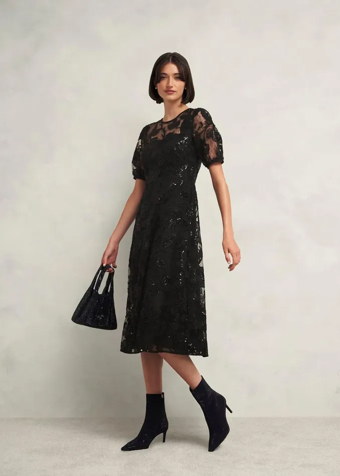 Women Ami Lace Sequin Midi Dress Hobbs Black Hobbs Dresses and Jumpsuits