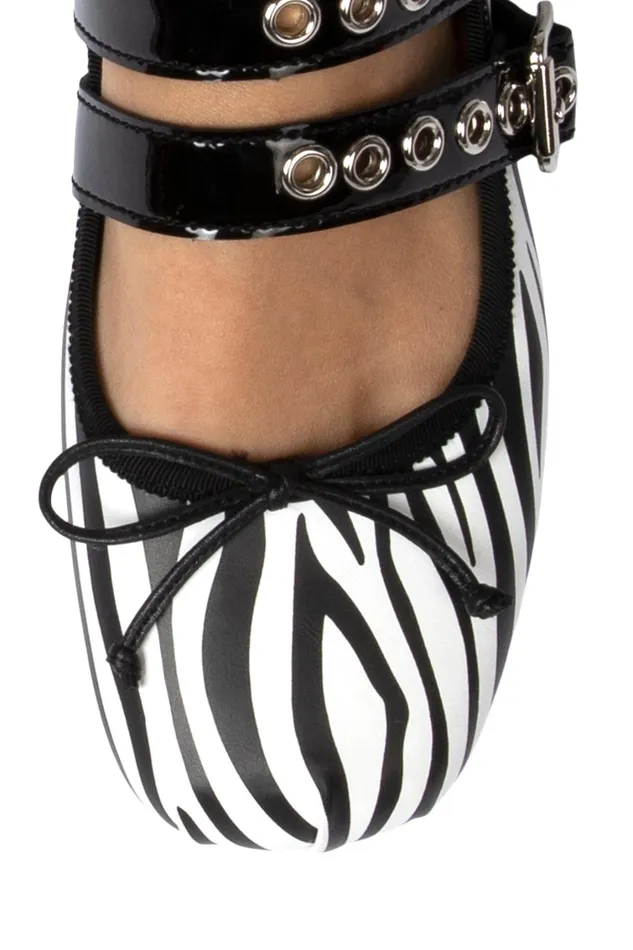 Women Ballet Flats Jeffrey Campbell BALLOTTE Zebra Black Patent Silver