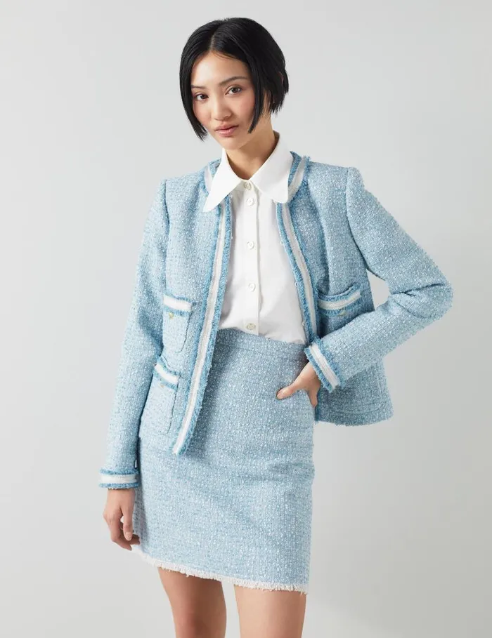 Women Charlie Blue Tweed Trim Jacket Blue Cream LKBennett Coats and Jackets