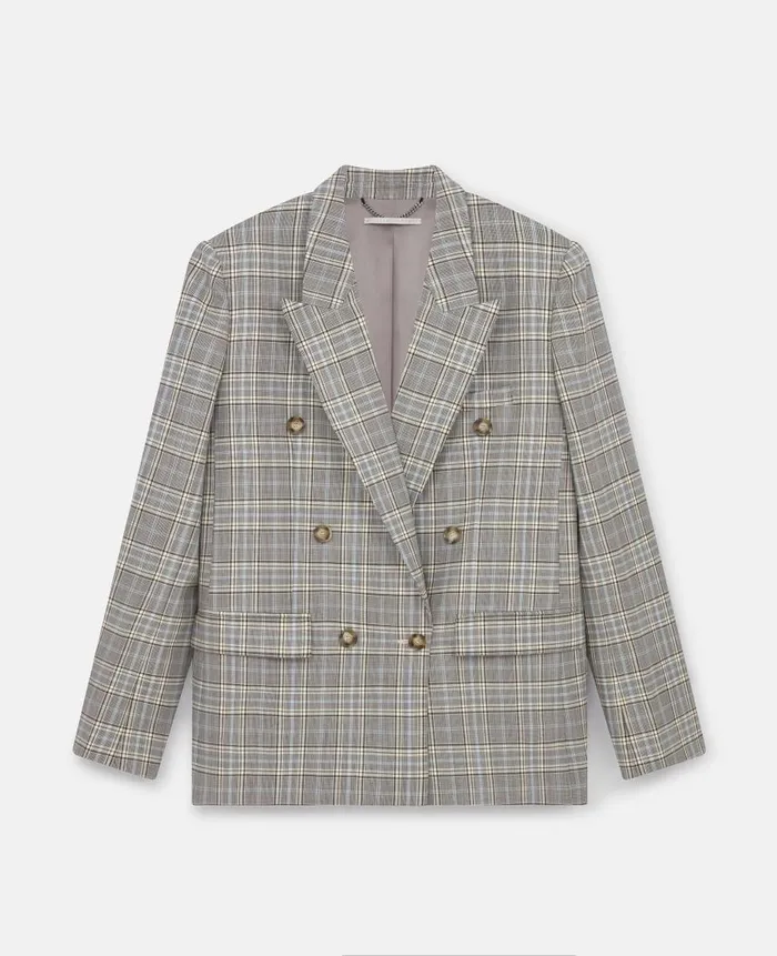Women Coats And Jackets Stella McCartney Double Breasted Wool Blazer Gray And Blue Check Women Coats And Jackets Stella McCartney Double Breasted Wool Blazer Gray And Blue Check