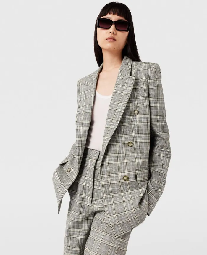 Women Coats And Jackets Stella McCartney Double Breasted Wool Blazer Gray And Blue Check