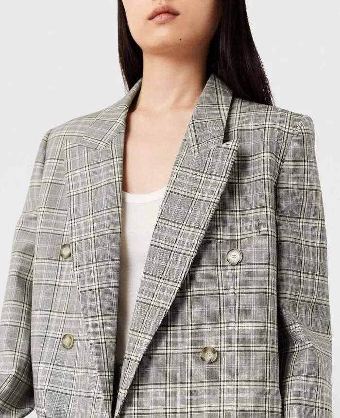 Women Coats And Jackets Stella McCartney Double Breasted Wool Blazer Gray And Blue Check
