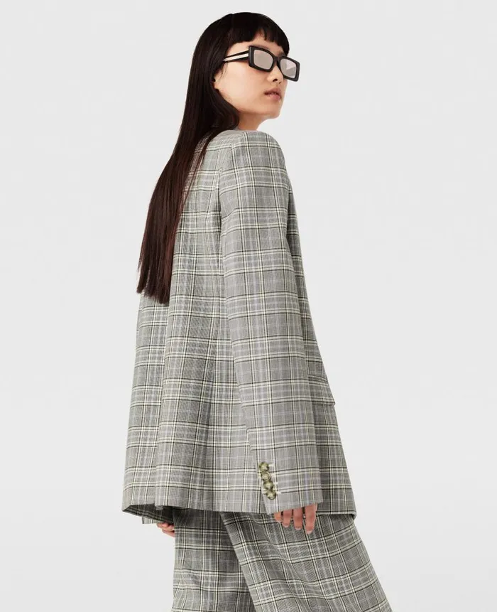 Women Coats And Jackets Stella McCartney Double Breasted Wool Blazer Gray And Blue Check