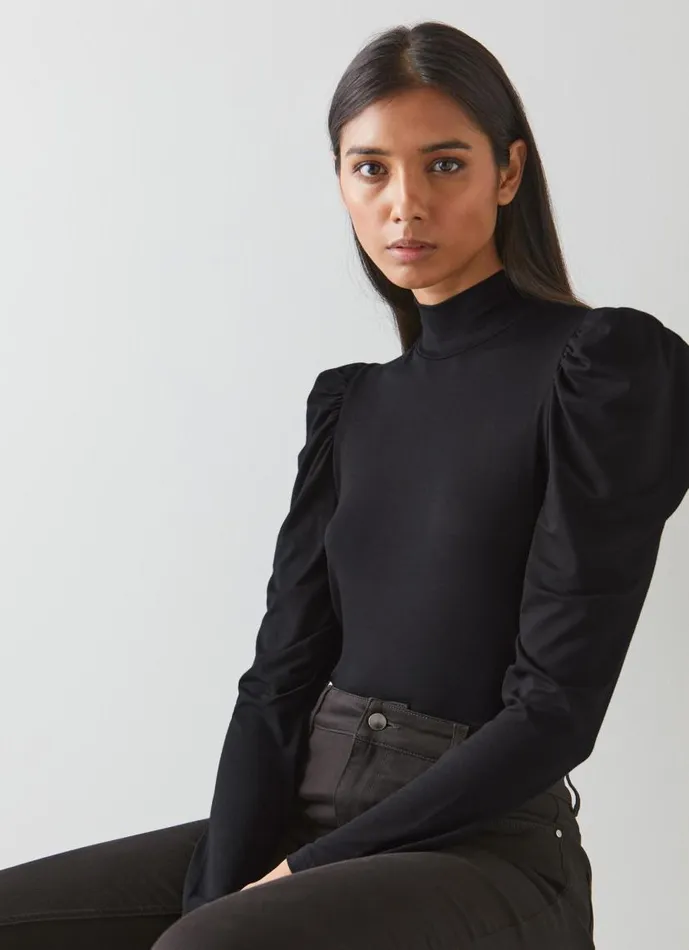 Women Cora Black Jersey Puff Sleeve Turtle Neck Top Black LKBennett Tops