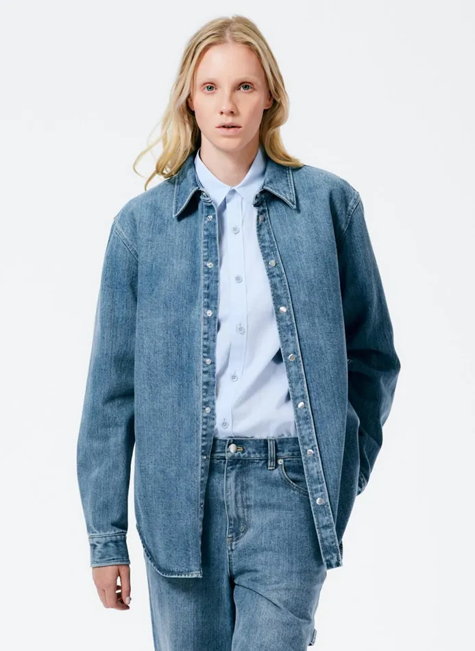 Women Denim Tibi Classic Wash Denim Easy Shirt Classic Blue