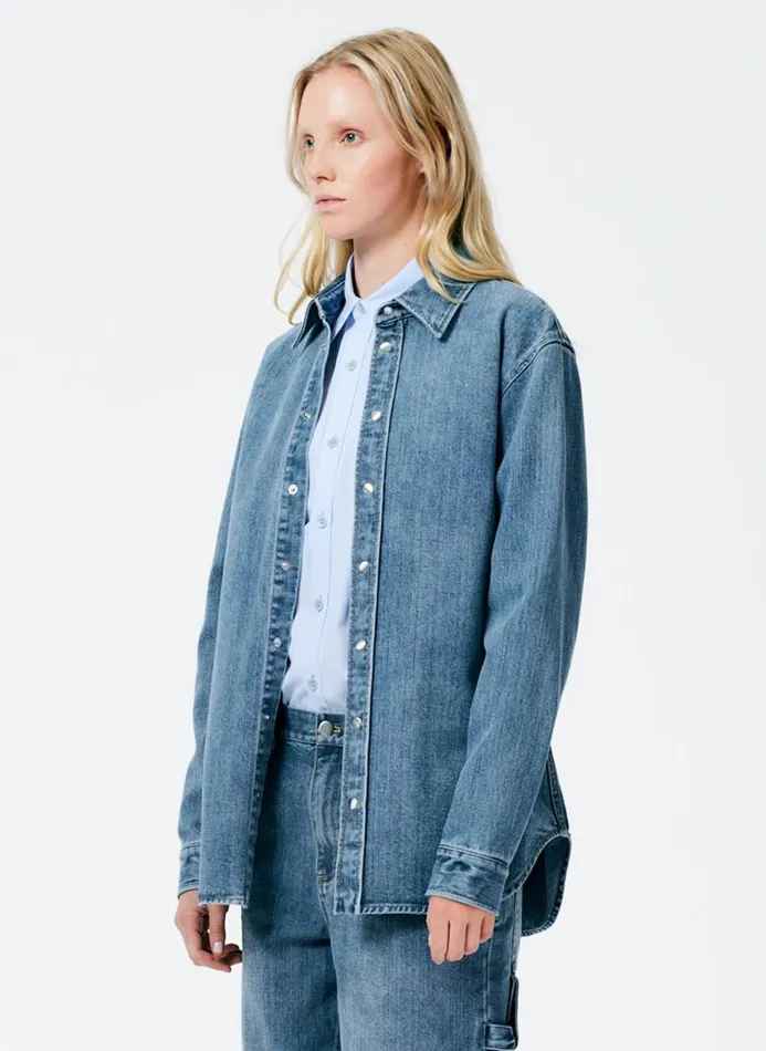 Women Denim Tibi Classic Wash Denim Easy Shirt Classic Blue