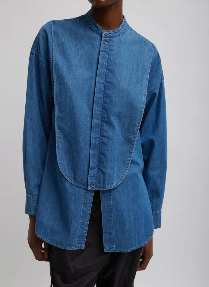 Women Denim Tibi Light Weight Stone Wash Denim Tuxedo Shirt Denim Blue