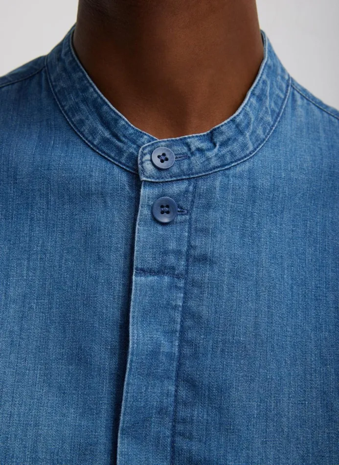 Women Denim Tibi Light Weight Stone Wash Denim Tuxedo Shirt Denim Blue