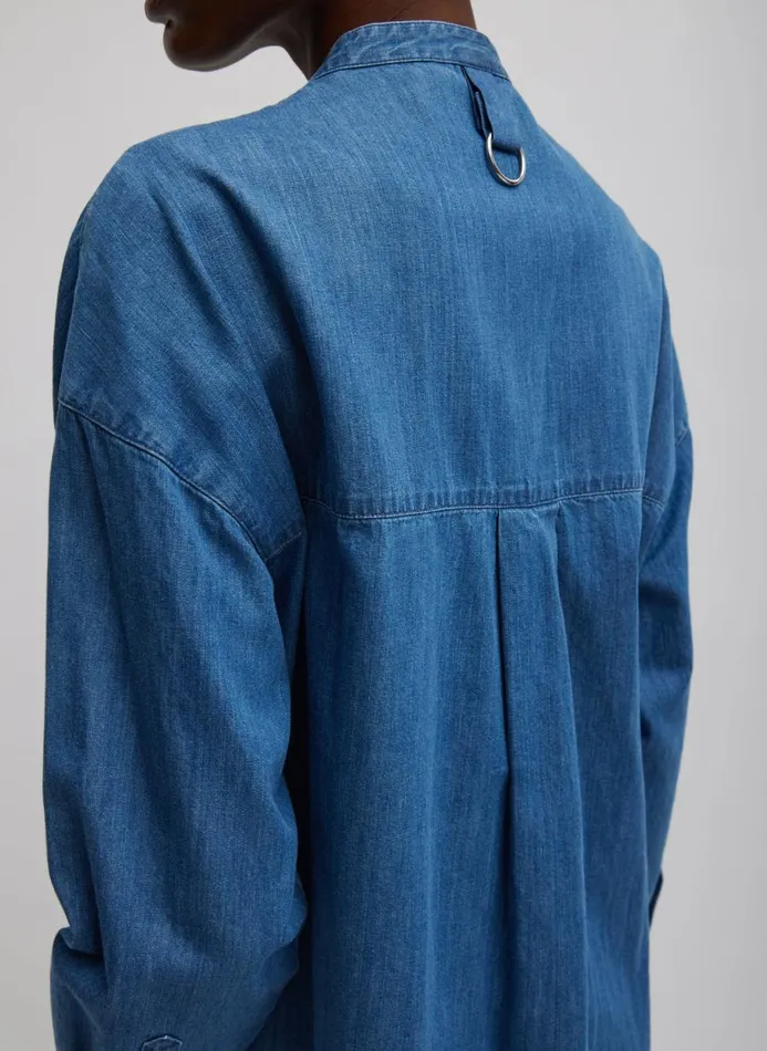 Women Denim Tibi Light Weight Stone Wash Denim Tuxedo Shirt Denim Blue
