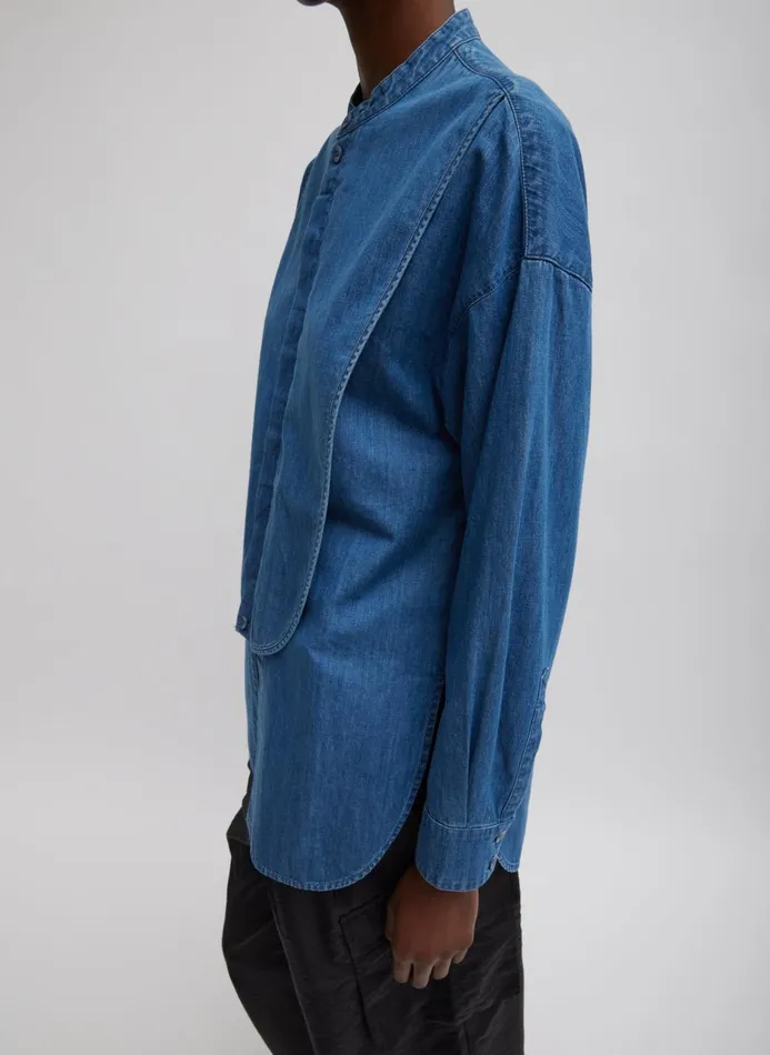 Women Denim Tibi Light Weight Stone Wash Denim Tuxedo Shirt Denim Blue