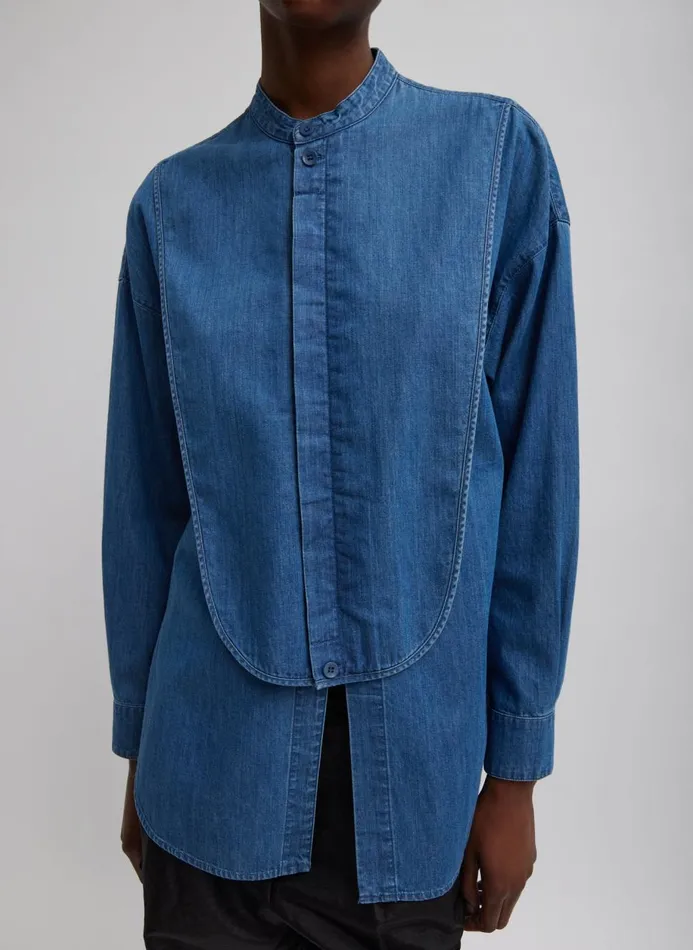 Women Denim Tibi Light Weight Stone Wash Denim Tuxedo Shirt Denim Blue